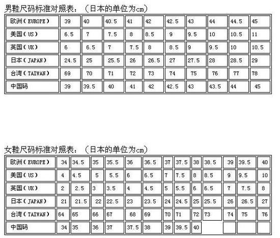 日本尺码与亚洲尺码